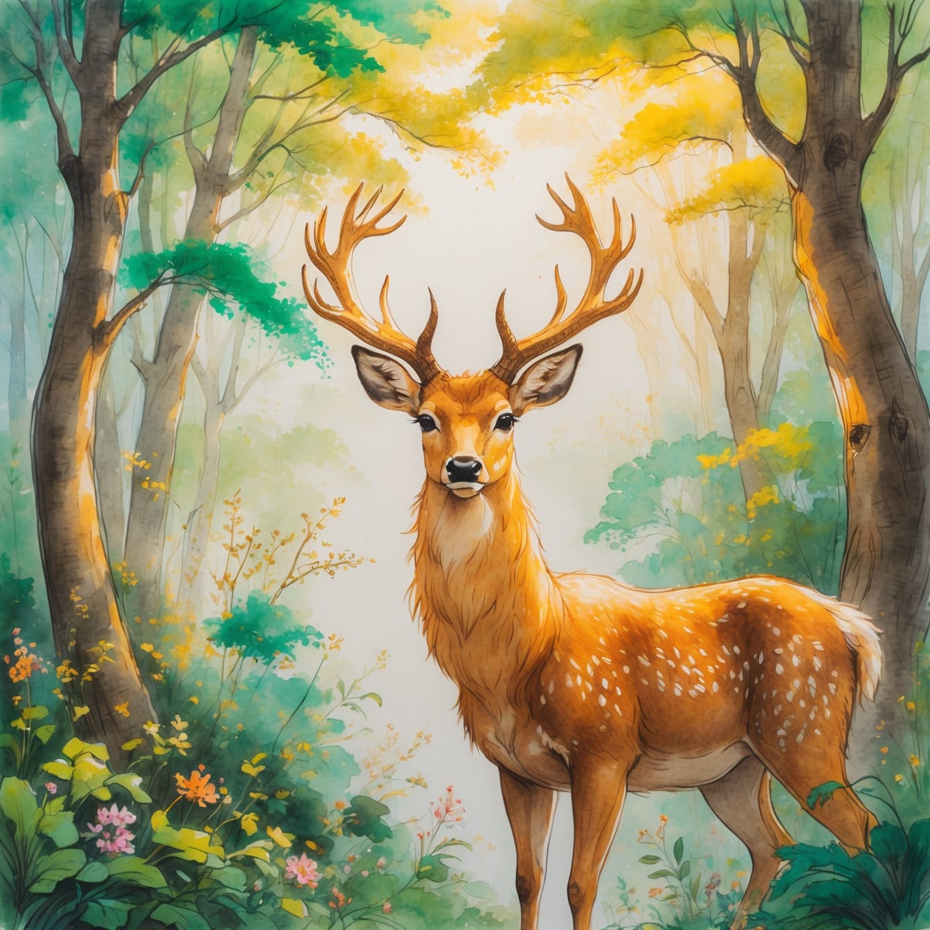 Golden deer in mystical forest - sacred neurodivergent child metaphor from Princess Mononoke