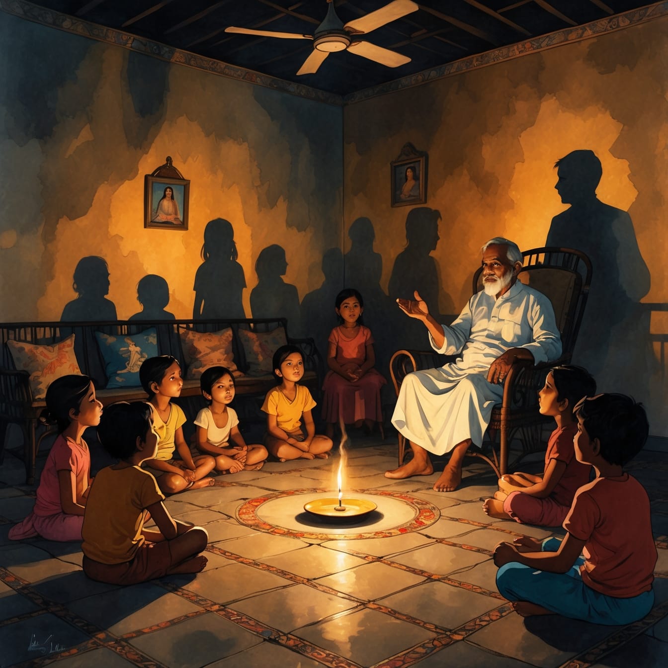 A mesmerizing scene of family members gathered around flickering firelight, sharing stories in the intimate glow of candles and kerosene lamps during load-shedding nights