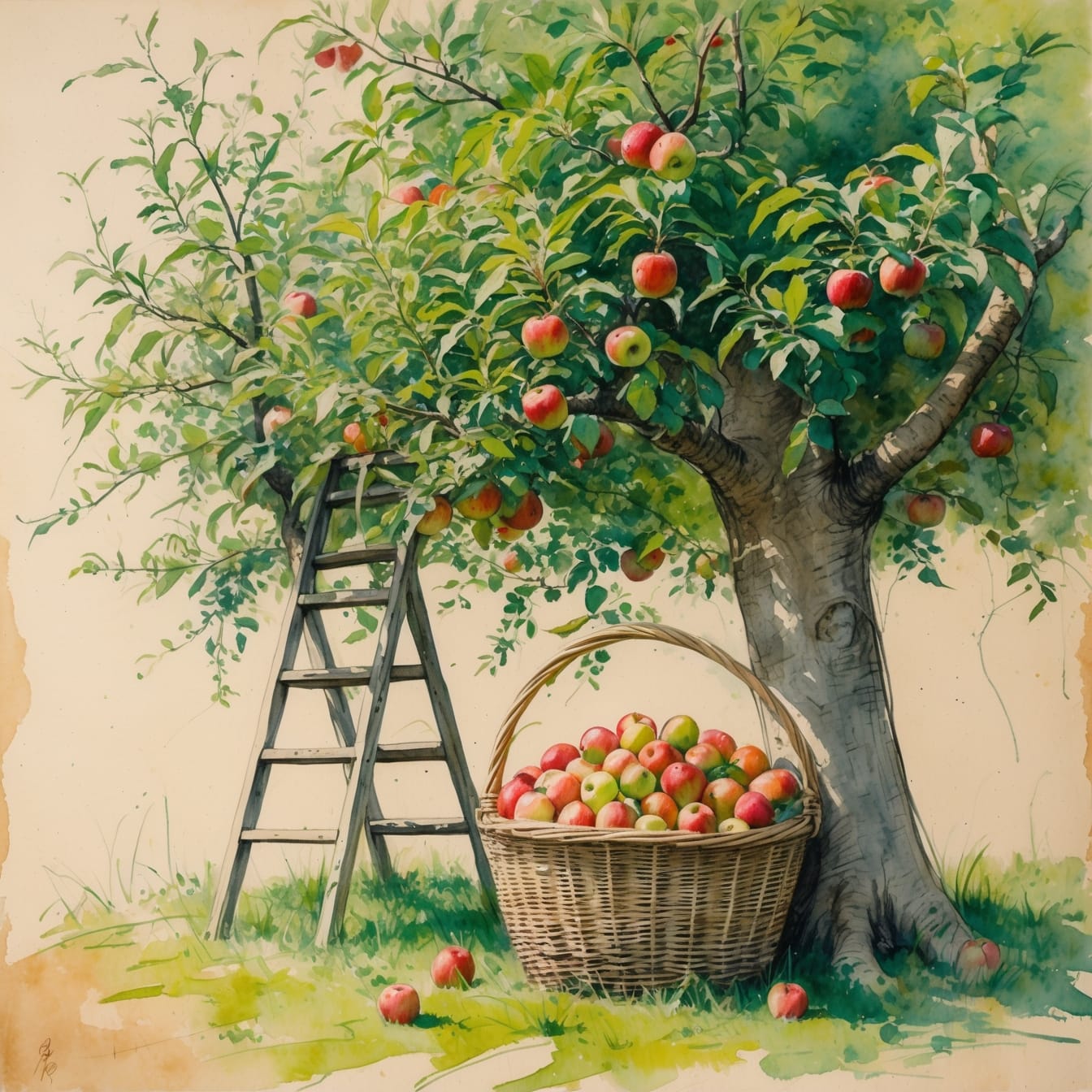 Bountiful apple harvest with wooden ladder and baskets in English orchard - family tradition