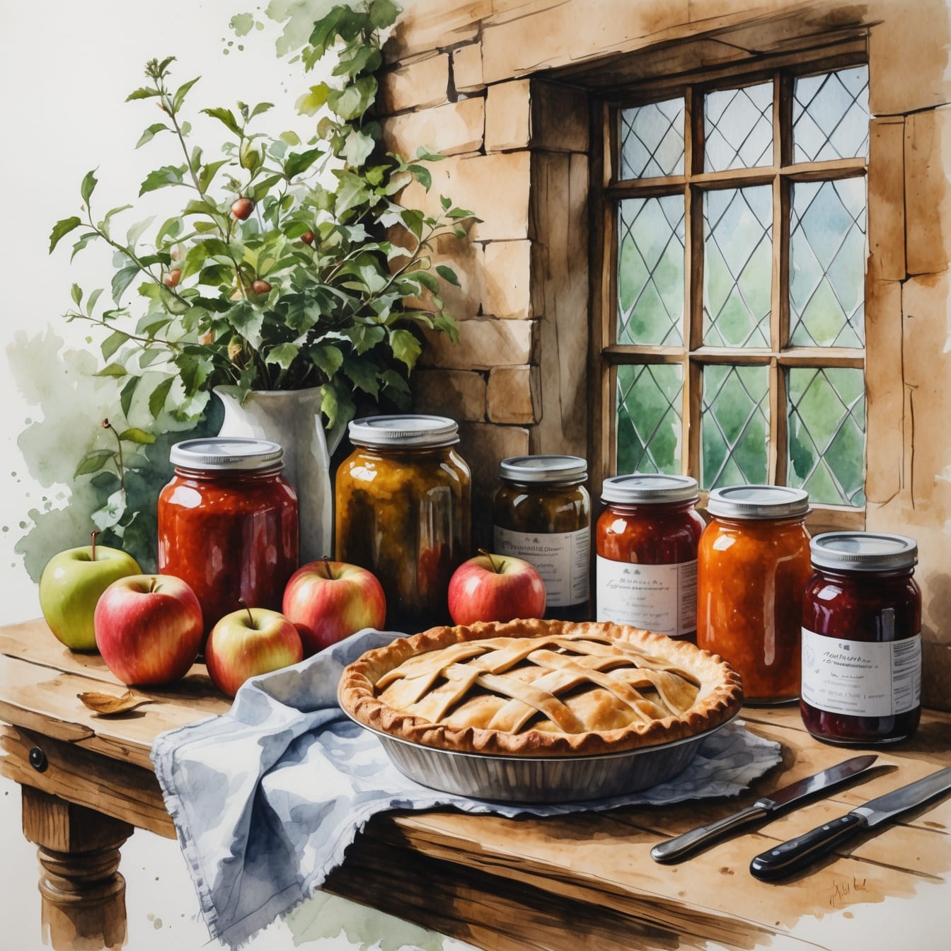 Homemade apple pie with latticed crust alongside jars of apple chutney and preserves - family recipes