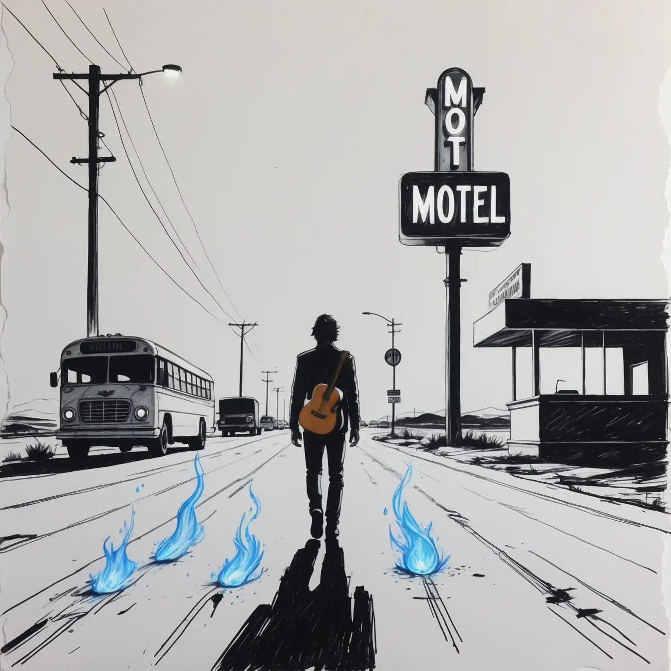 Dark desert highway with motel lights, symbolizing the restless journey and departure themes in the story