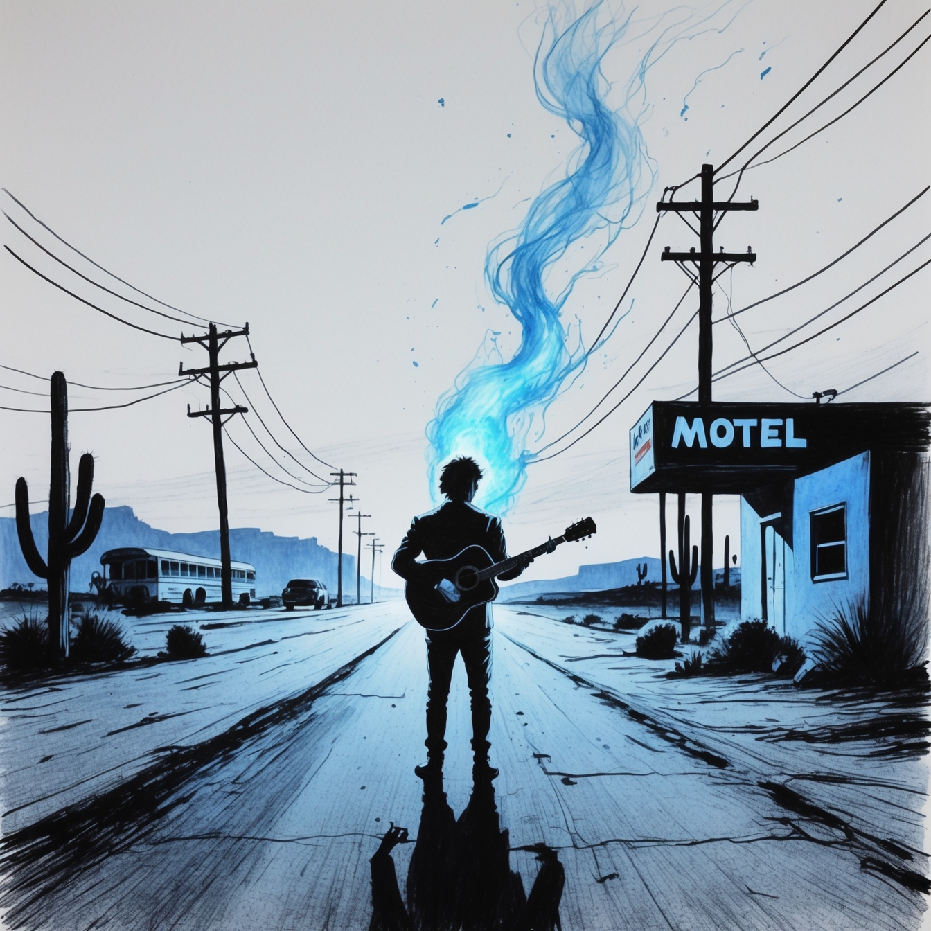 Highway motel with blue gem fire elements, representing the precious memories and transformative nature of the relationship