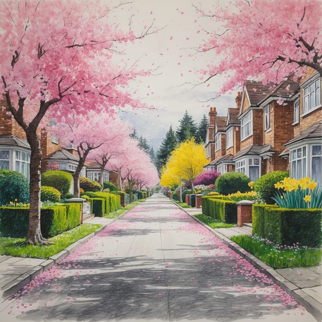 Cherry blossoms lining Sandy Lane street with English hedgerows and traditional houses