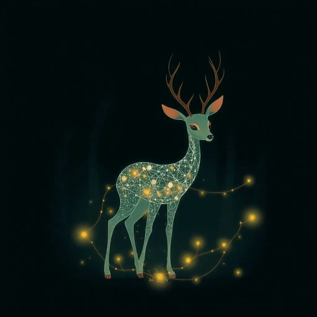 Close-up minimalist line art of mystical deer spirit, luminous antlers and soulful eyes glowing in a dusky, enchanted forest.