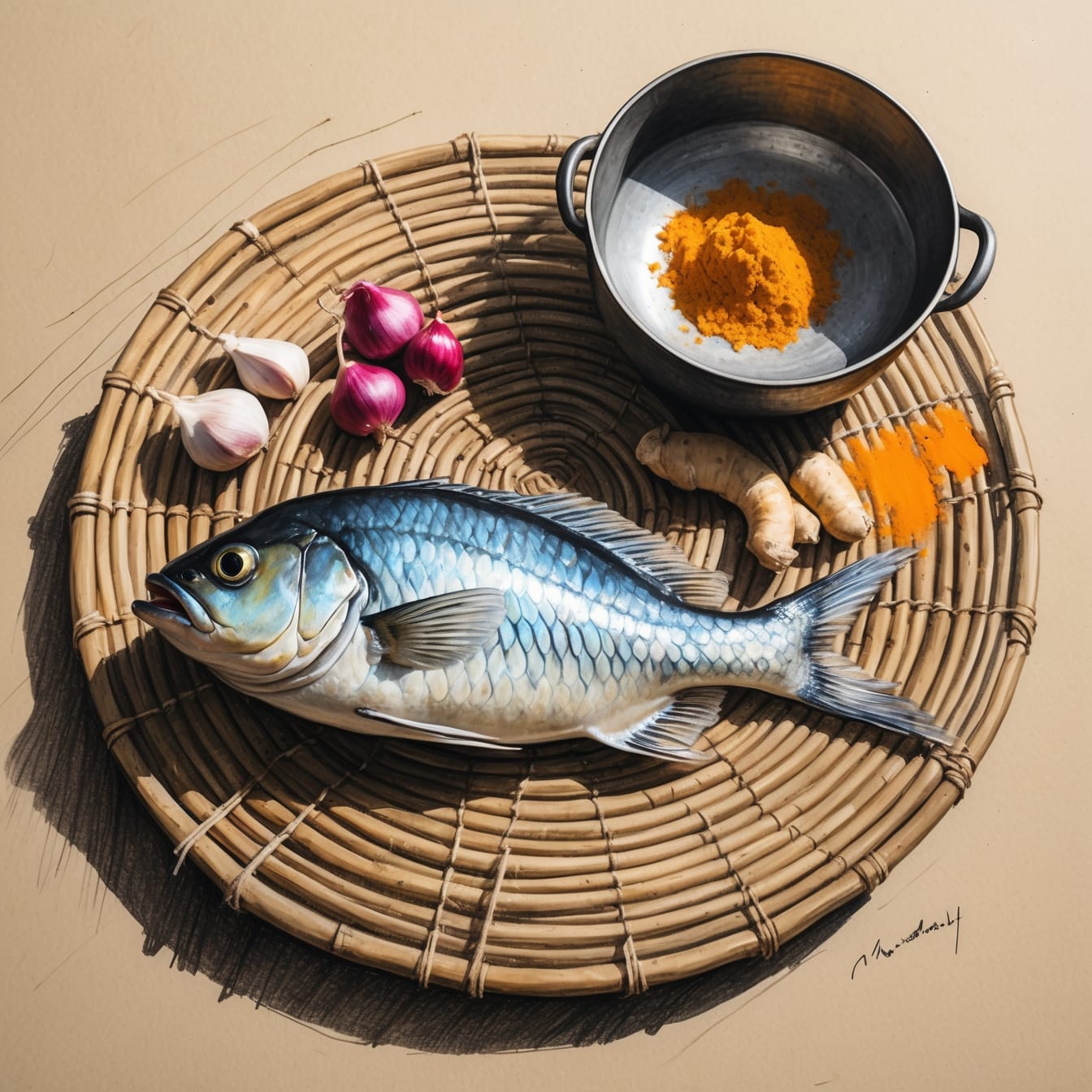 Fresh ilish maach fish on woven rattan jali basket surrounded by colorful Bengali spices arranged like painter's palette in traditional kitchen