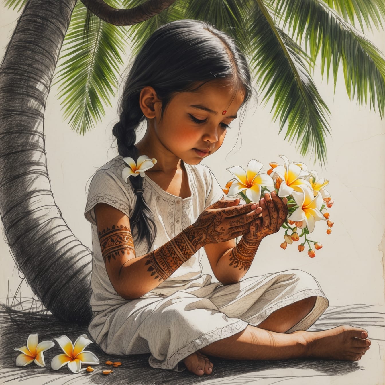 Young Bengali girl threading frangipani flowers representing the continuity of tradition and cultural memory preservation through generations