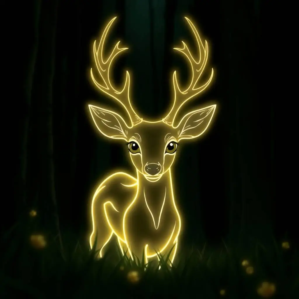 Minimalist fantasy line art of magical glowing deer spirit, golden light tracing its form and antlers, standing in a shadowed wood.