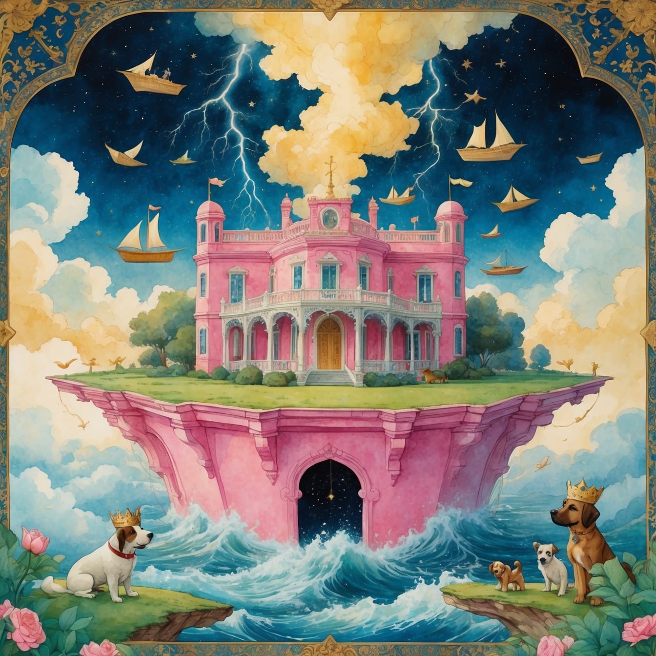 Haq Villa transformed into an allegorical scene during load-shedding nights, with the colonial architecture bathed in mystical candlelight and shadows