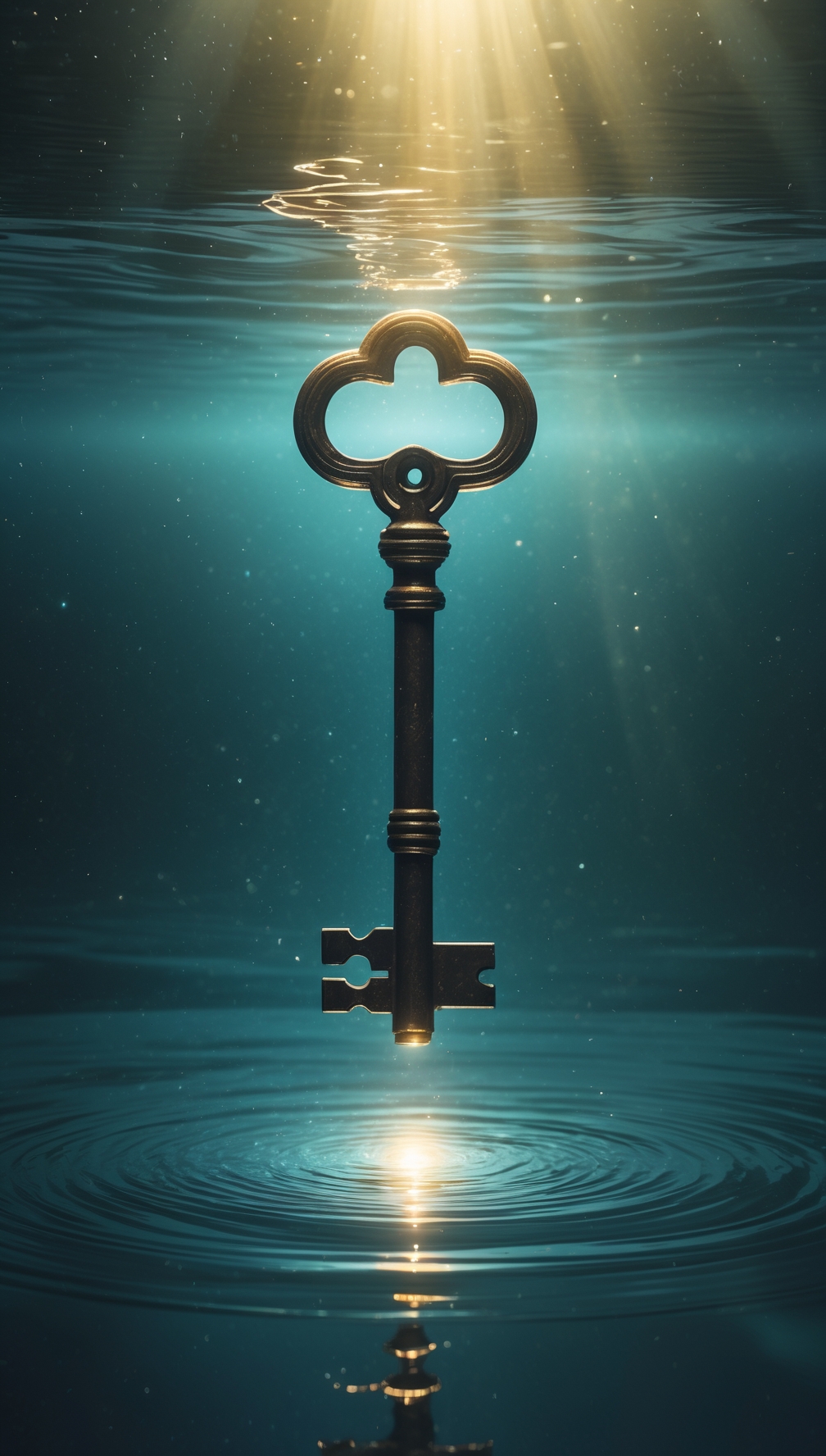 Ornate vintage key illuminated by warm golden sunlight streaming through darkness, representing hope and the power of love to unlock confined hearts