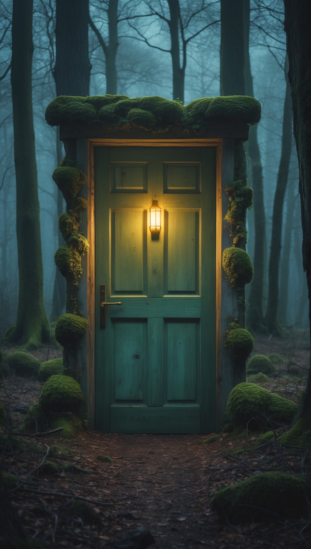 Heavy wooden door with ornate lock set within an ancient mystical forest, symbolizing institutional barriers that separate families
