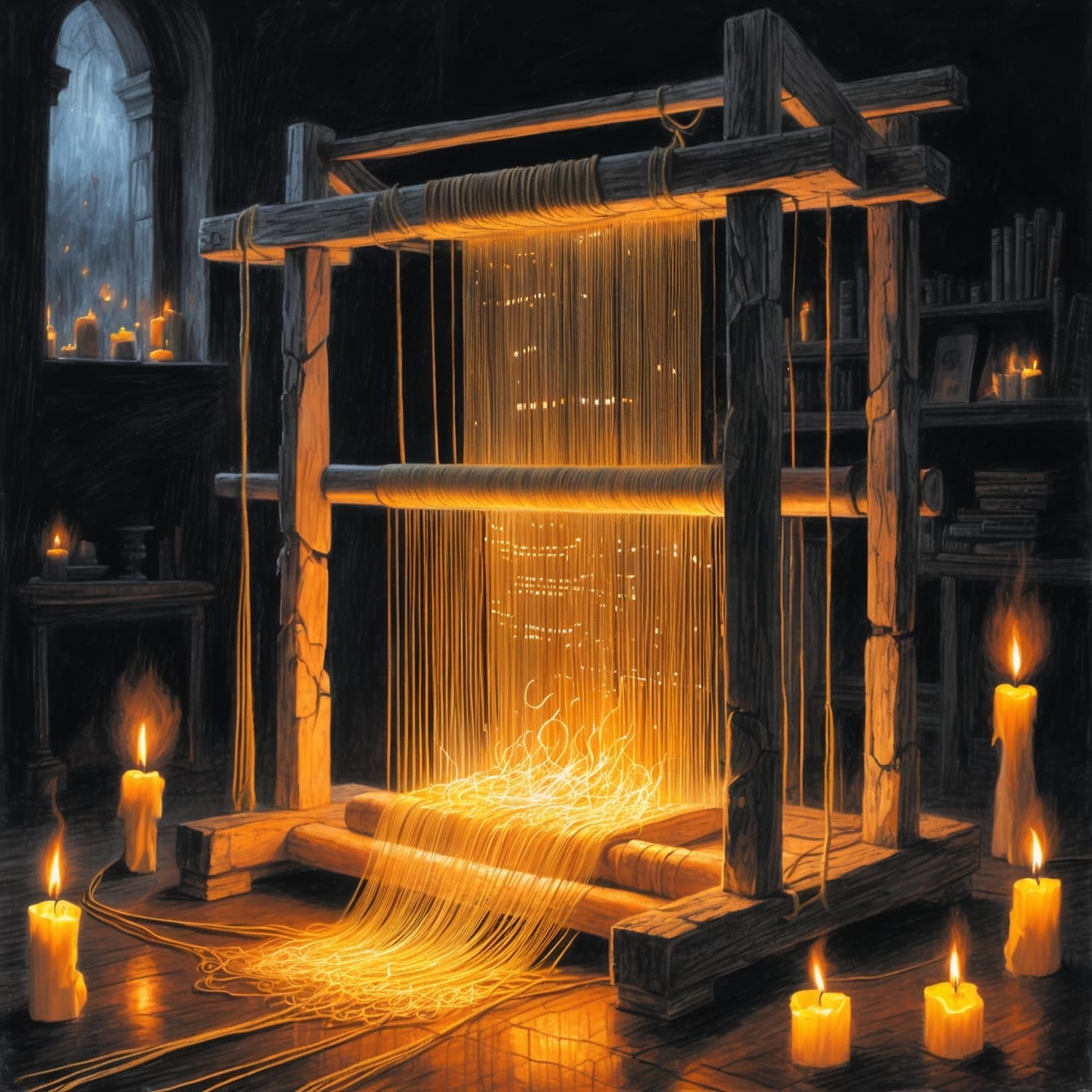 An ancient wooden loom with threads of light weaving through its frame, symbolizing the soul-machine and the continuous weaving of life experiences into meaning and healing