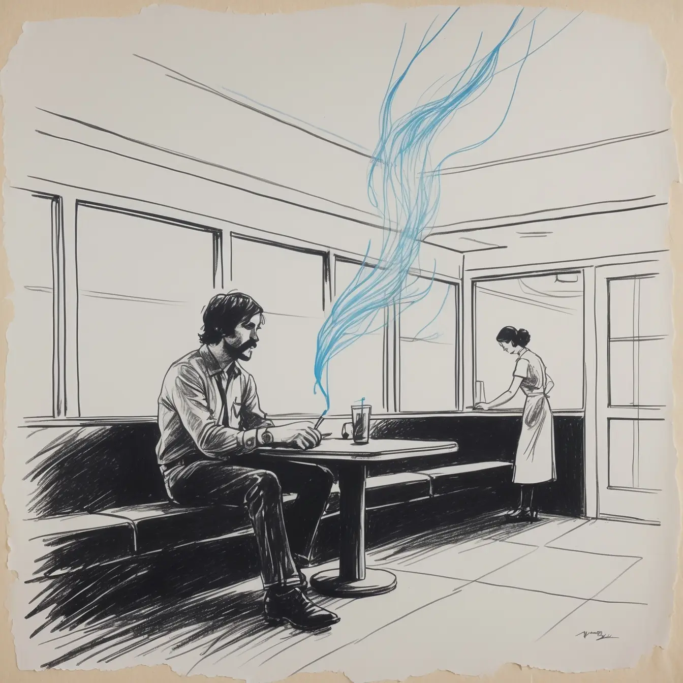 A man with blue fire energy in an American diner setting, representing the authentic and raw character of Jem