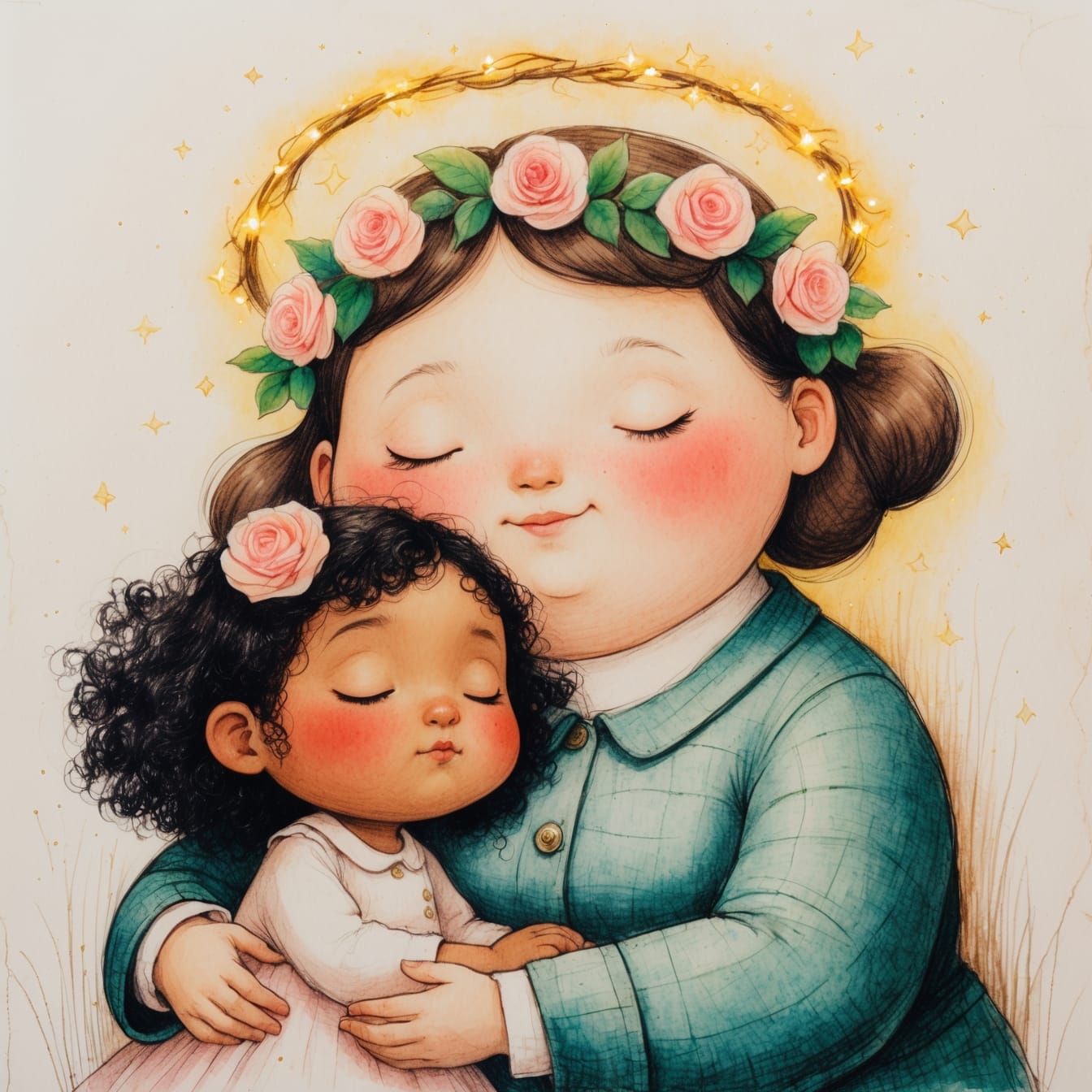 Mrs. Hayman holding a child protectively while surrounded by roses, depicting the moment of rescue and sanctuary that defined a lifetime of gratitude