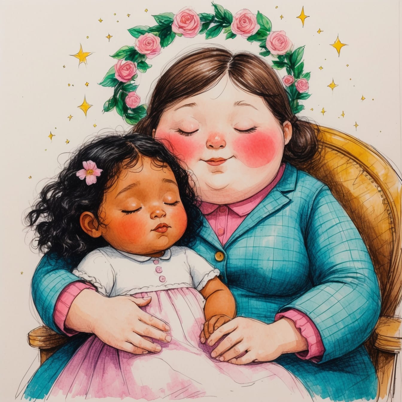 Mrs. Hayman, a warm teacher with a round, harvest moon face, surrounded by beautiful roses in a garden setting, embodying the nurturing spirit that transformed a vulnerable child's life