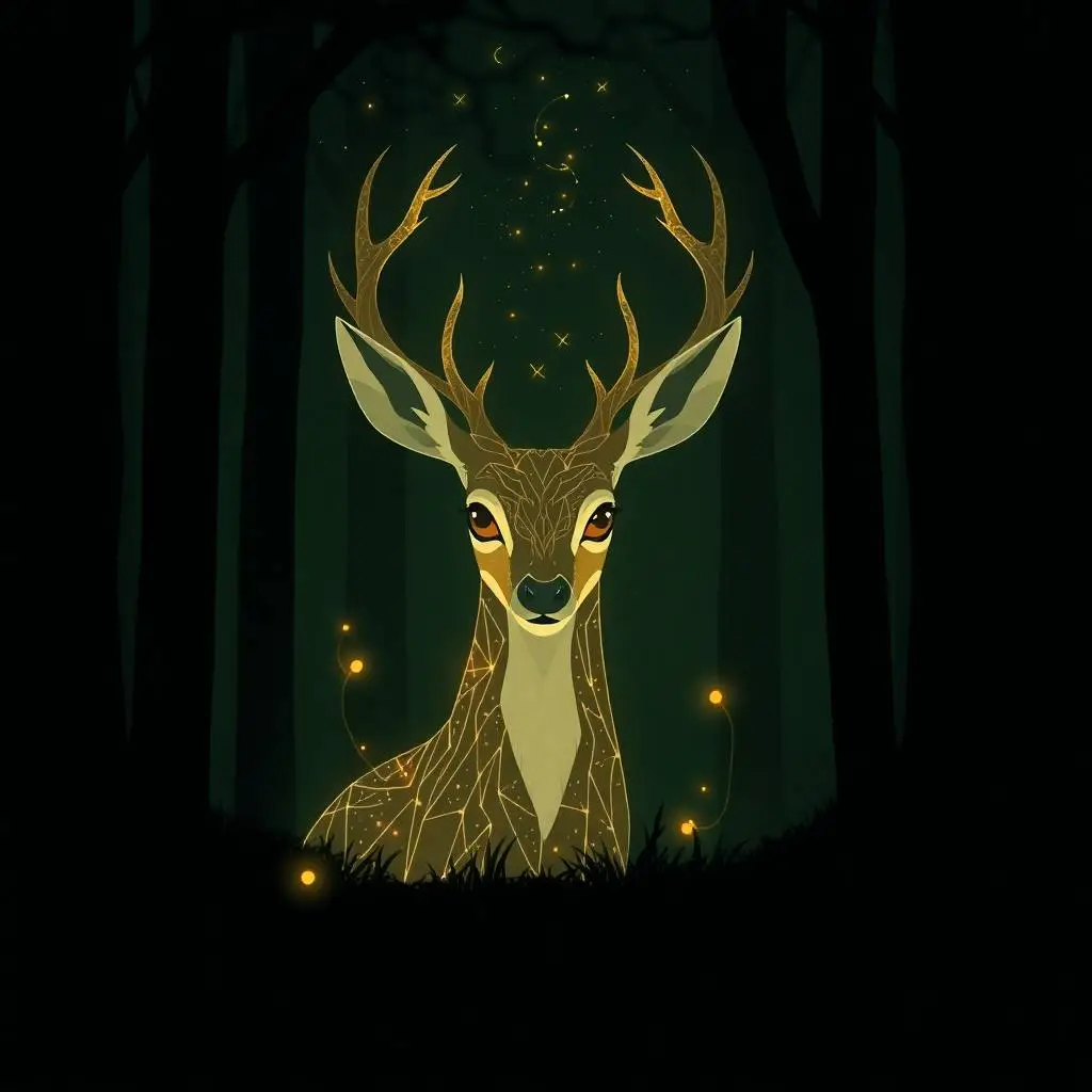 Modern flat design deer spirit with intricate antlers, wise doe eyes, and celestial motifs floating in a night forest.