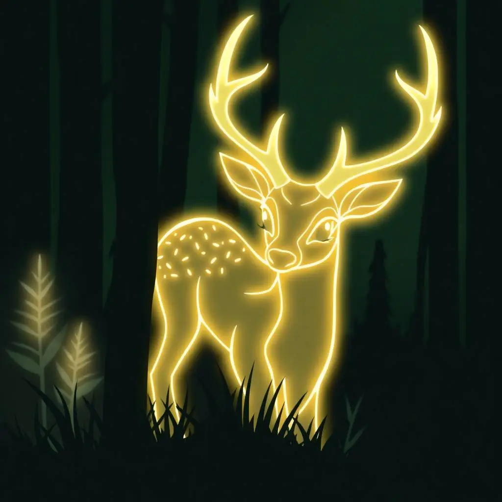 Radiant mystical deer spirit outlined in glowing gold, standing in an enchanted forest night, evoking sacred wonder and ancestral magic.