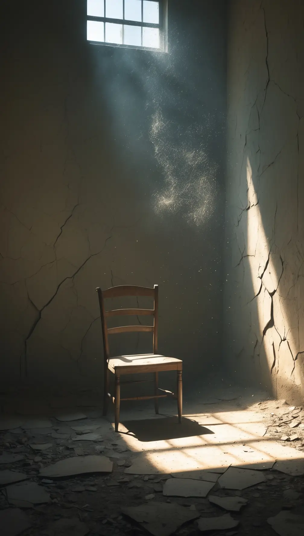 Ethereal sunbeams streaming through a window into a shadowed room, countless dust particles dancing in the golden light like memories suspended in time