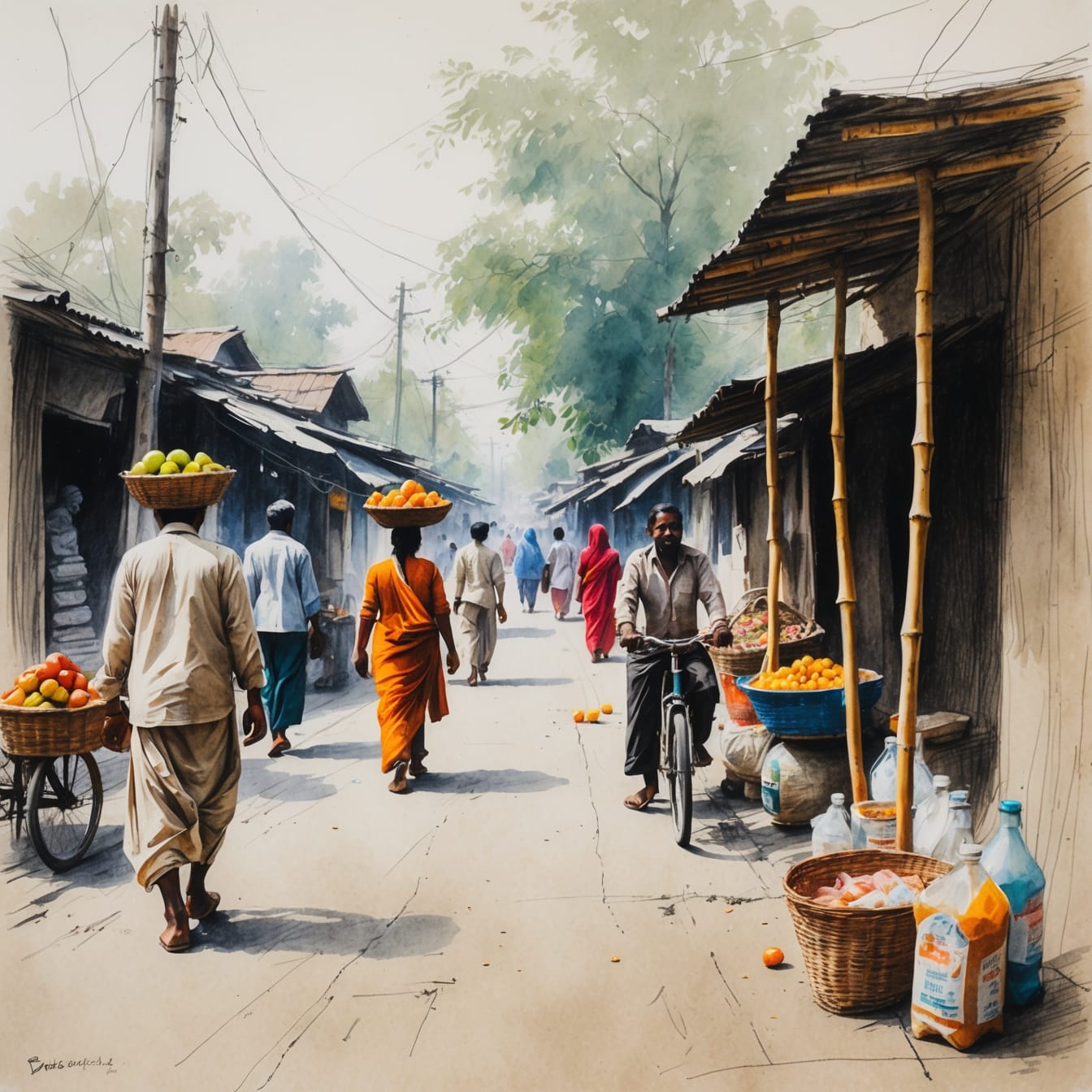 Traditional Bengali street scene with vendors calling their wares, rickshaws, and daily life in Dhaka showing the street symphony of sounds