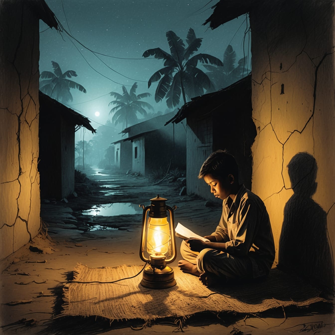 A young person studying by the warm glow of a hurricane lamp at night, representing the determination to learn despite limited resources in rural Bangladesh