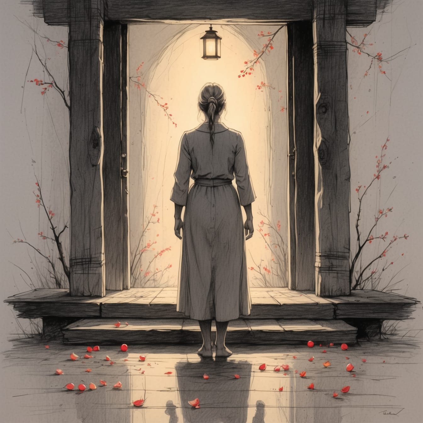 Delicate apple blossoms scattered on an antique wooden threshold, symbolizing the transition between grief and healing, with soft ethereal light filtering through