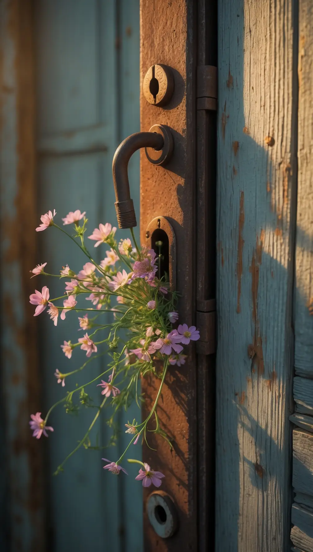 Delicate wildflowers and green shoots growing and blooming through the opening of an ornate vintage keyhole, symbolizing resilience and hope emerging from confinement