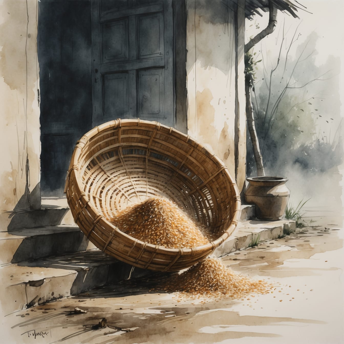 Rural Bengali woman winnowing grain in traditional bamboo basket in countryside kitchen showing traditional food preparation methods