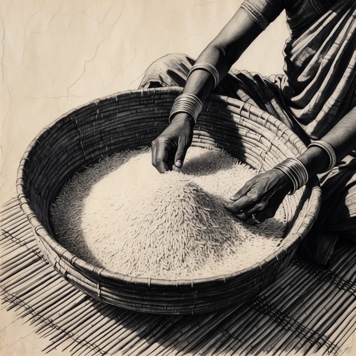 Traditional bamboo winnowing basket filled with rice grains being separated from chaff by Bengali woman in rural kitchen