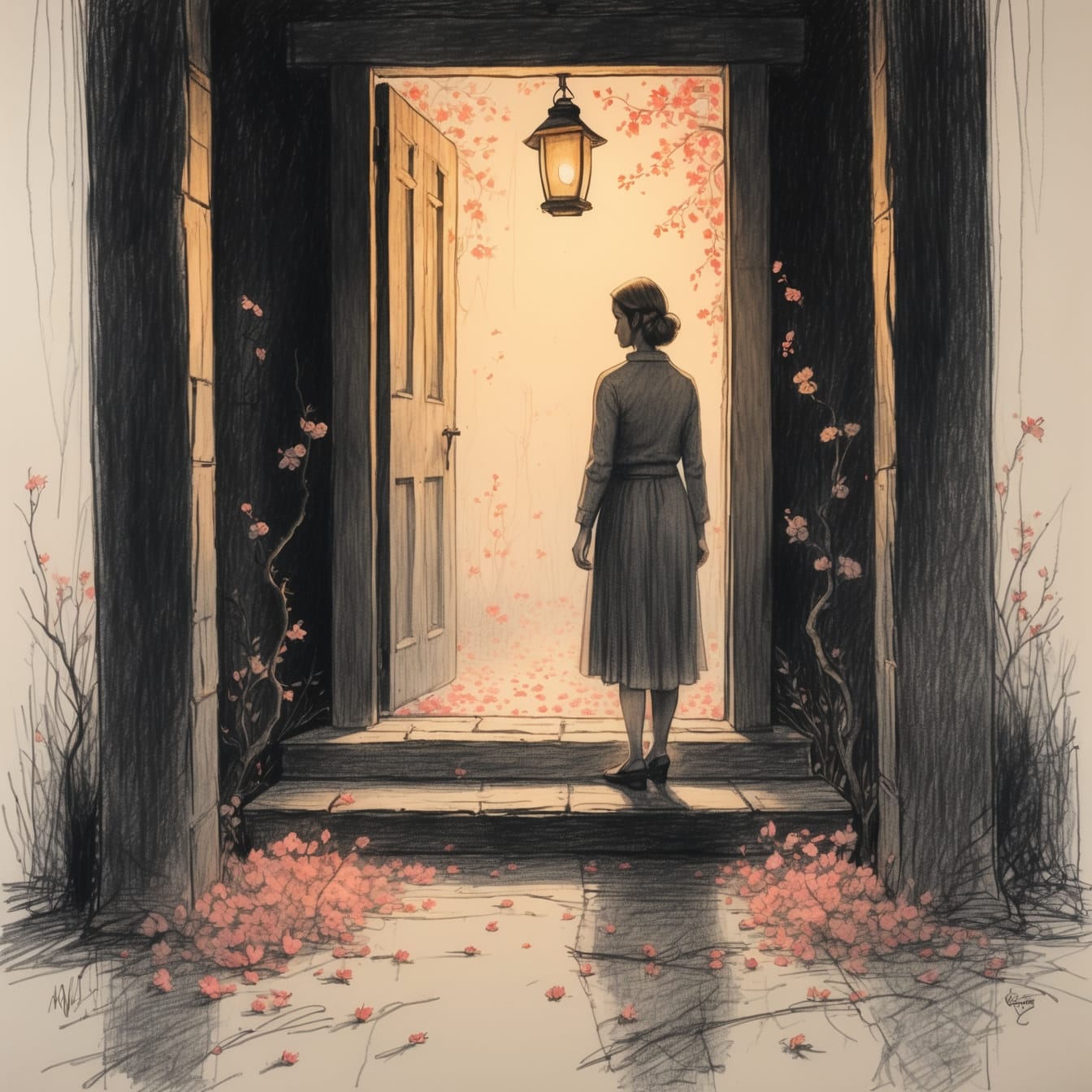 A contemplative woman surrounded by falling apple blossoms, her face serene yet marked by profound experience, representing the author's journey through grief toward healing