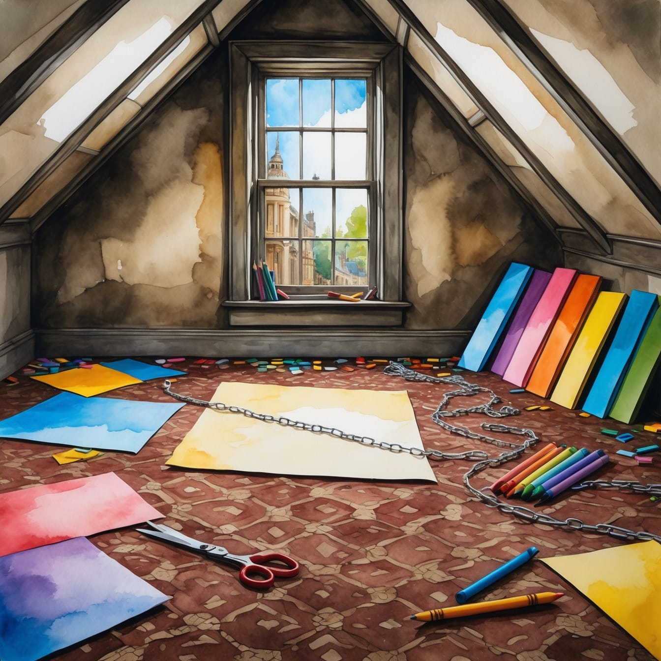 Colorful paper chains in cold attic room - childhood creativity in solitude and stubborn hope