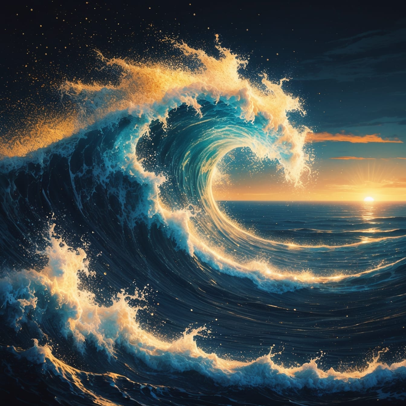 Sea spray shimmering in dawn sun - the eternal shimmer of creativity that remains even after waves fall
