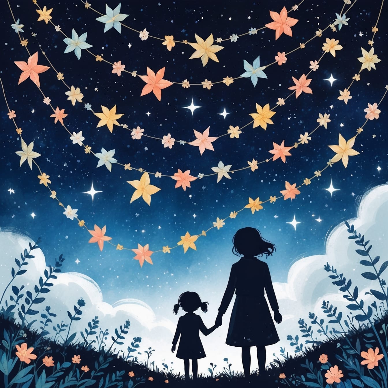 Stars adorned with paper chains and frangipani flowers - cosmic celebration of childhood creativity