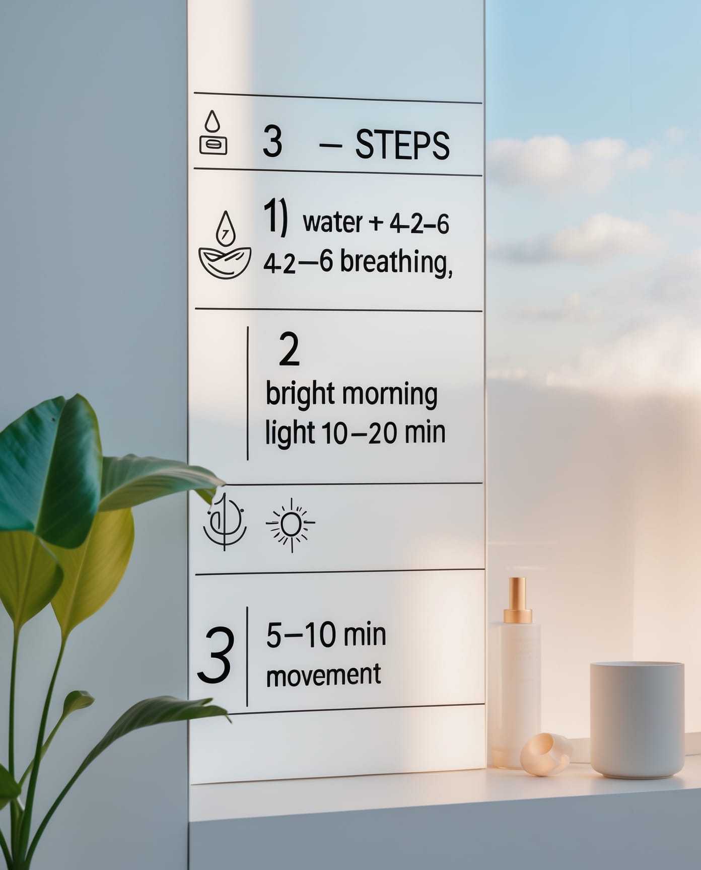 Infographic: 20-minute morning reset—hydrate, morning light, gentle movement