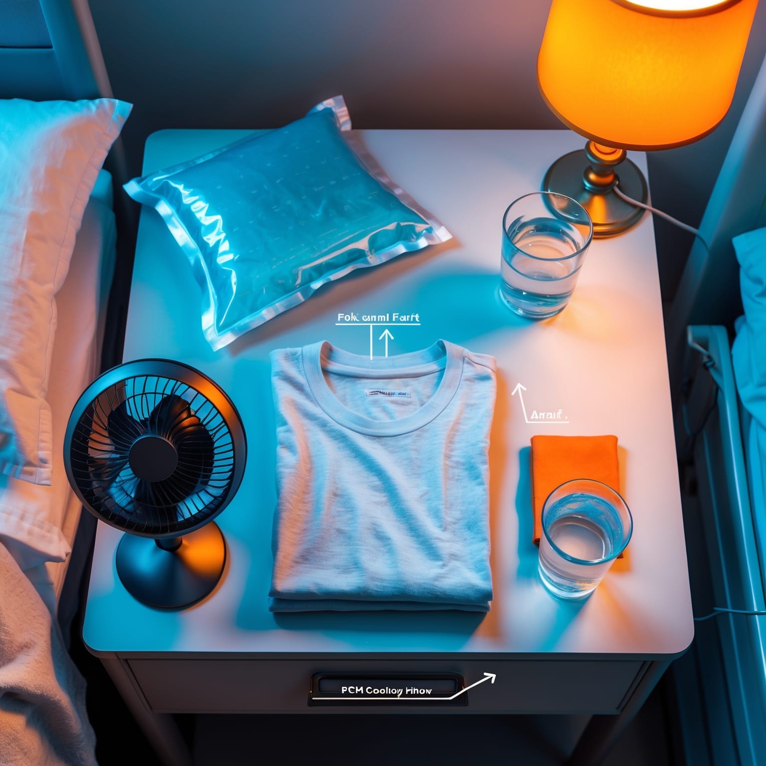 Bedside cool-down kit: cooling towel, water glass, spare top, amber clip-light, Mini CBT-I card