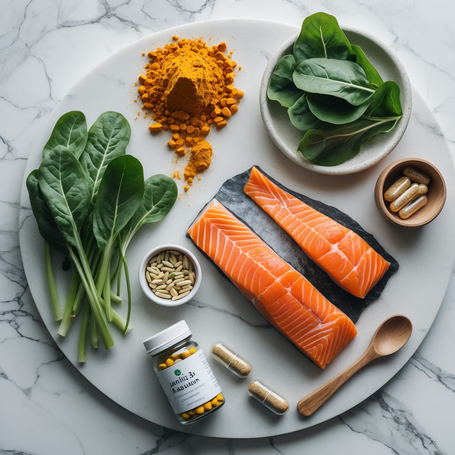 Anti-inflammatory foods and supplements on a table—omega-3 rich fish, leafy greens, and turmeric
