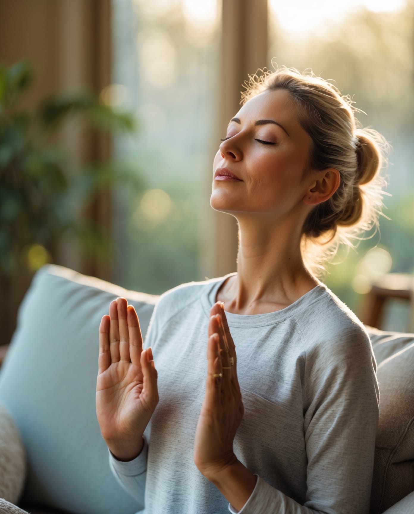 Person practicing slow breathing technique for vagus nerve activation and anxiety relief