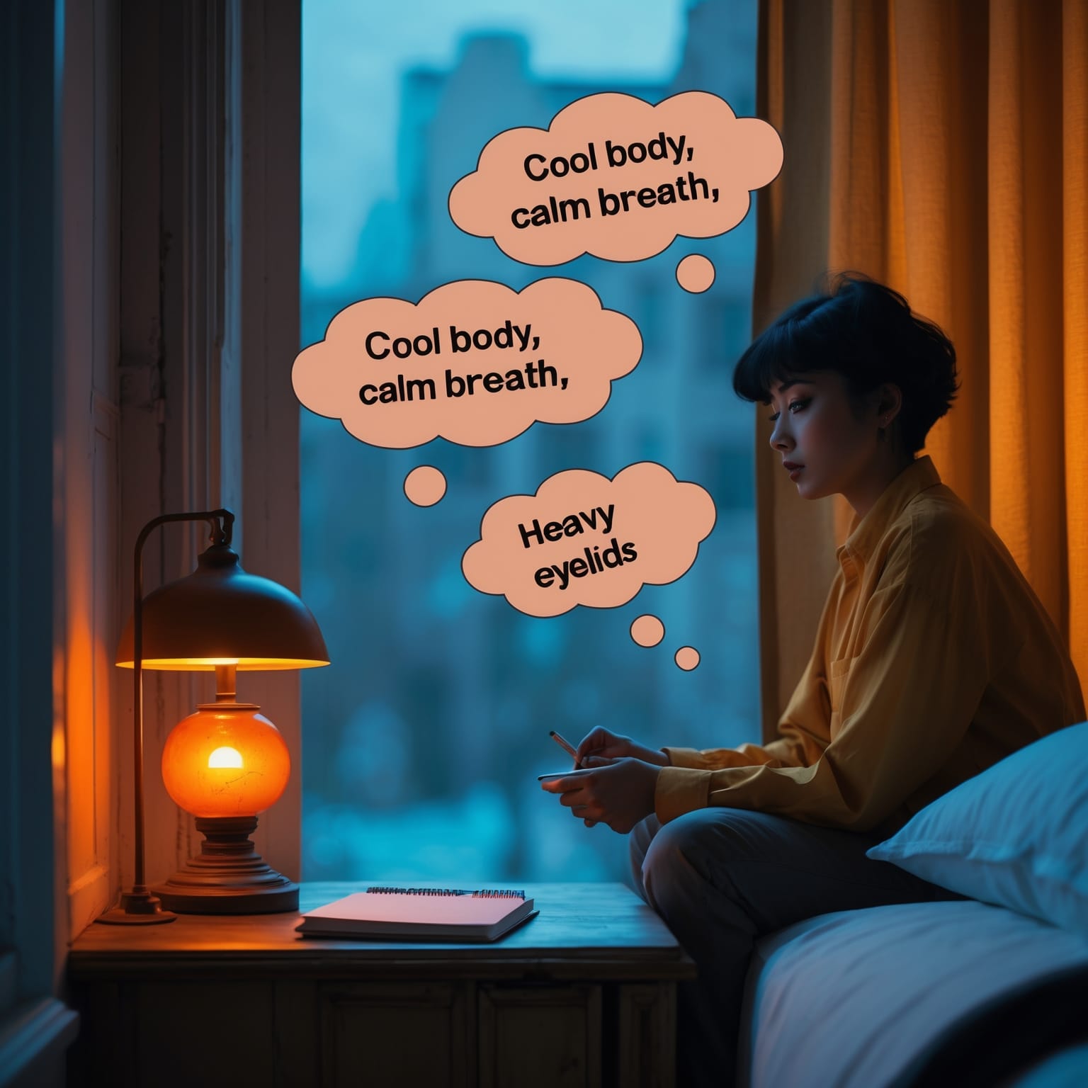 Warm amber bedside light and a simple card for a Mini CBT-I reset