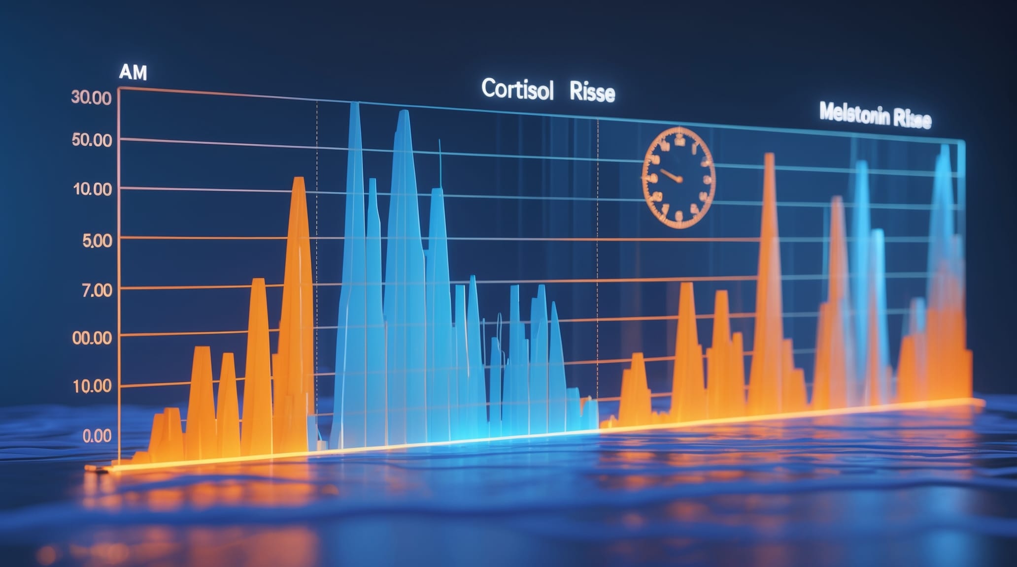 Scientific chart showing cortisol rise and melatonin decline during 3 AM vulnerability window