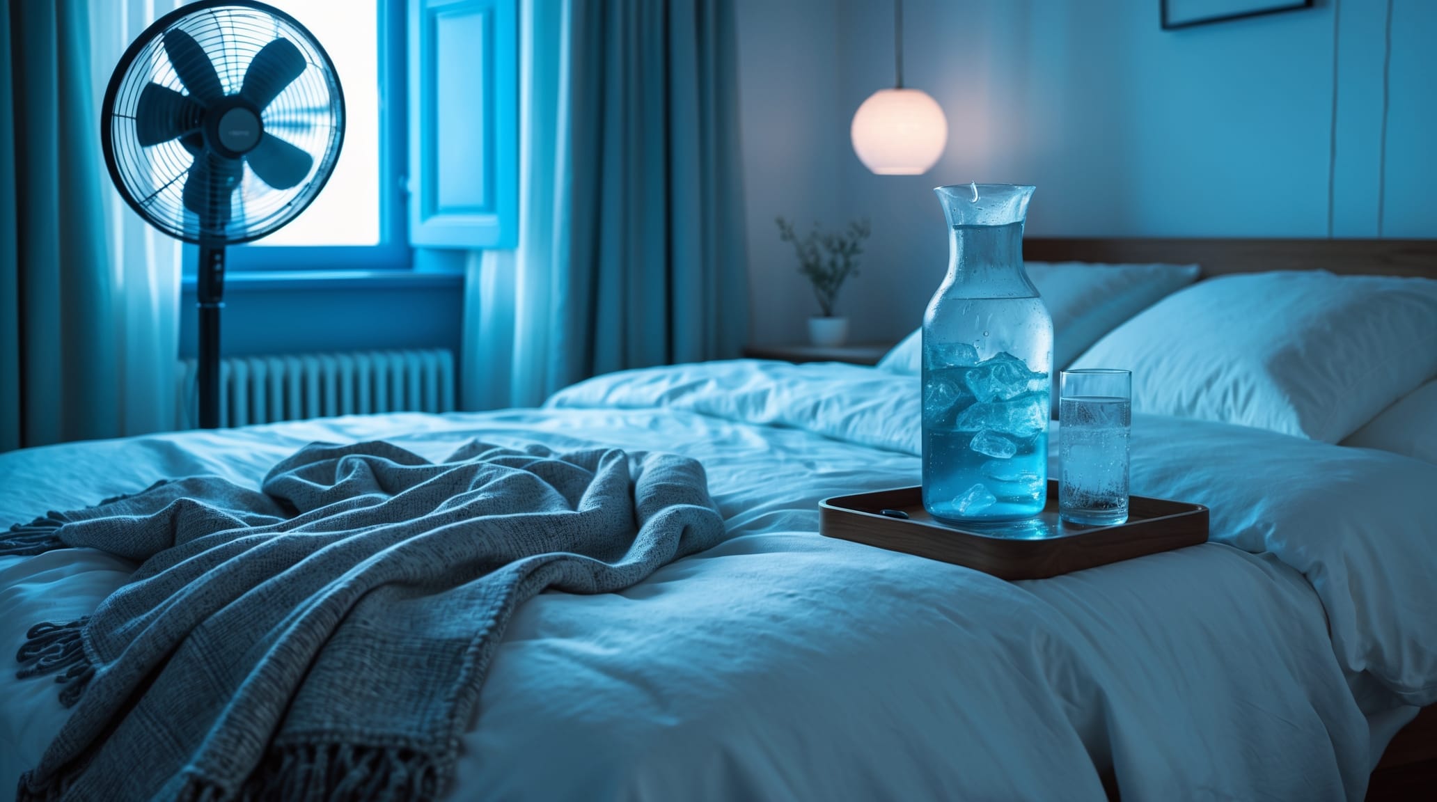 Perfectly organized cooling bedroom setup with temperature control, breathable bedding, and sleep accessories for menopause night sweats