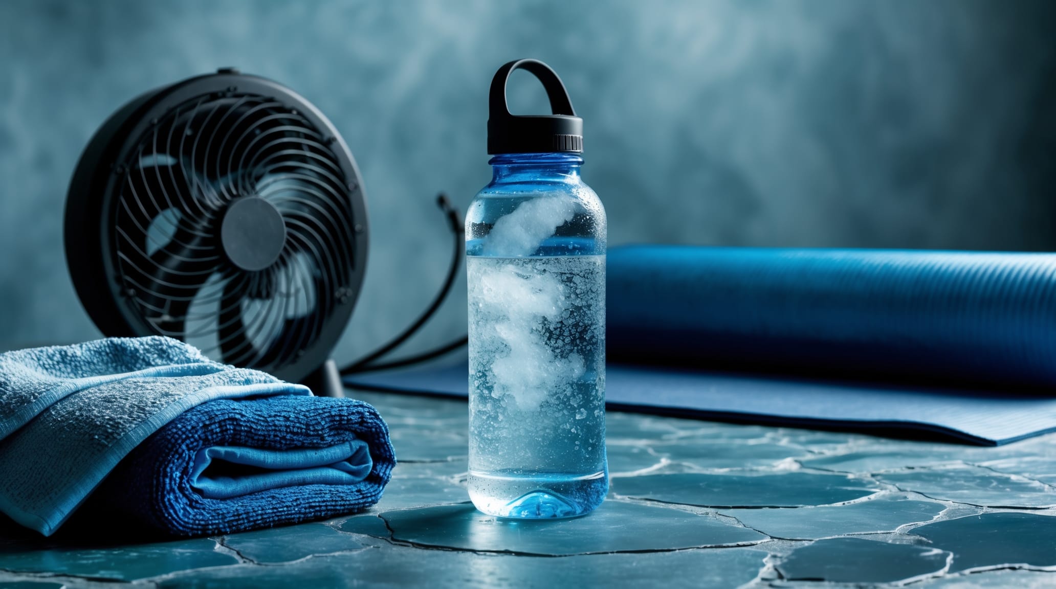 Cooling exercise essentials flat lay in blue-grey palette: towel, fan, water bottle