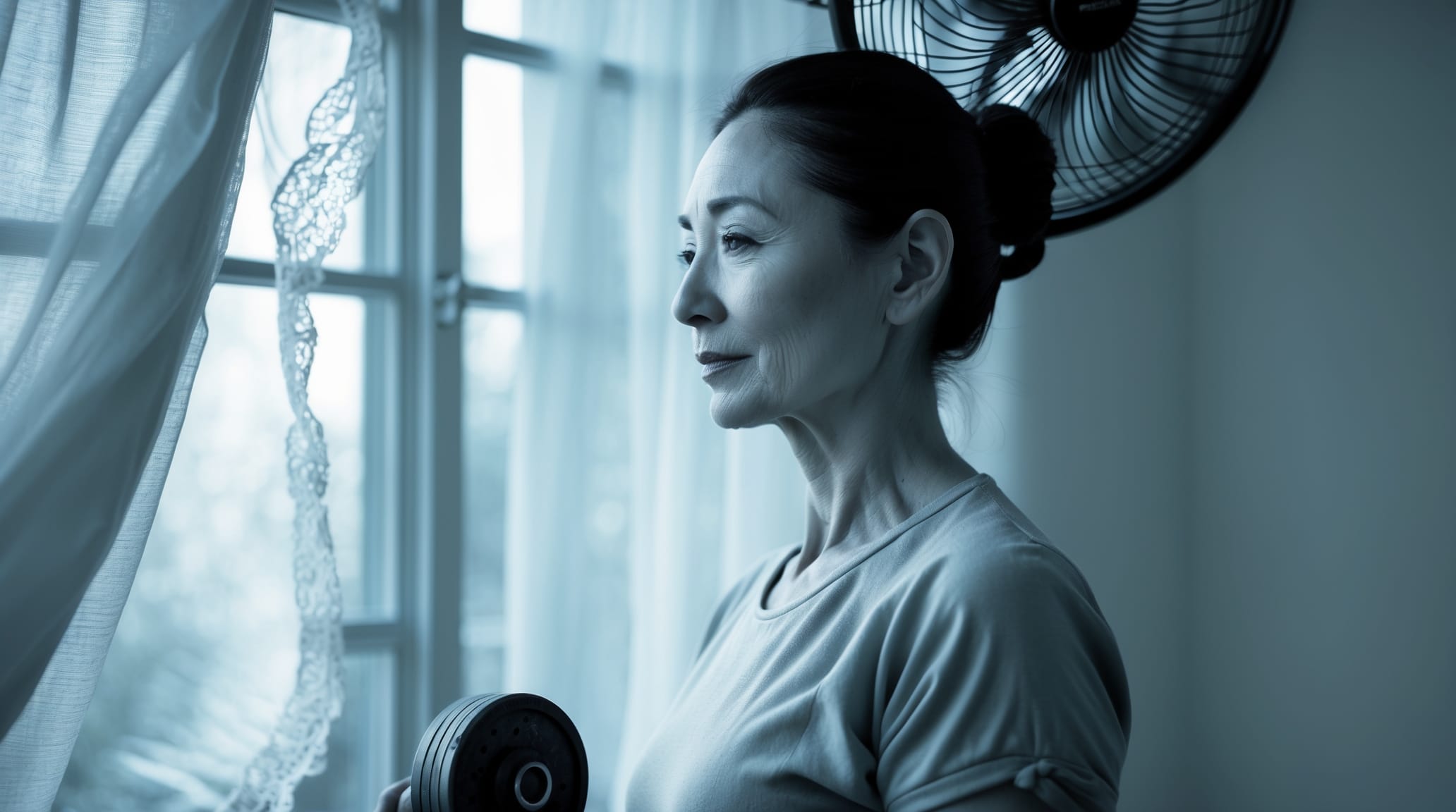 Light dumbbell strength work near a fan in a cool, shaded room