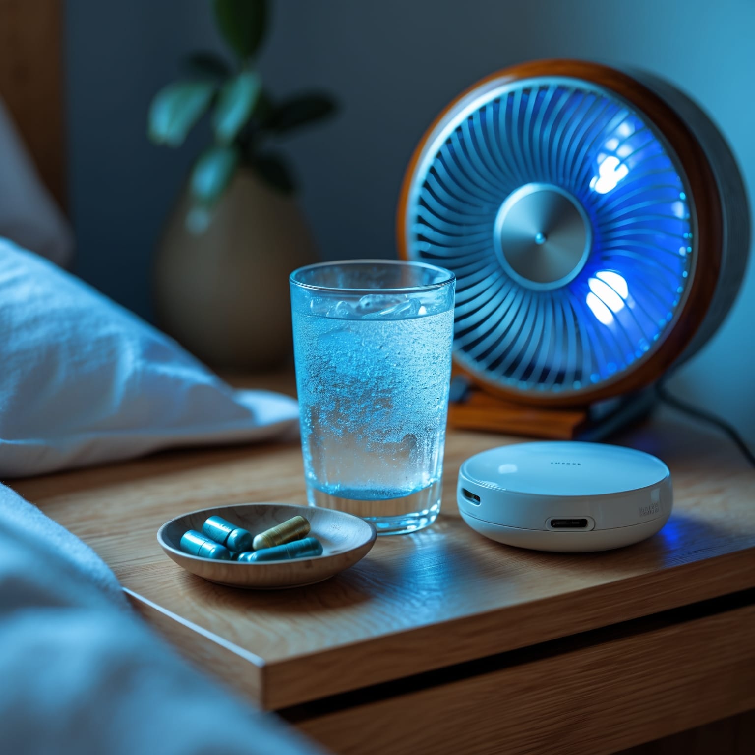 Magnesium glycinate supplement bottle next to calming bedtime routine setup with cooling elements for menopause sleep