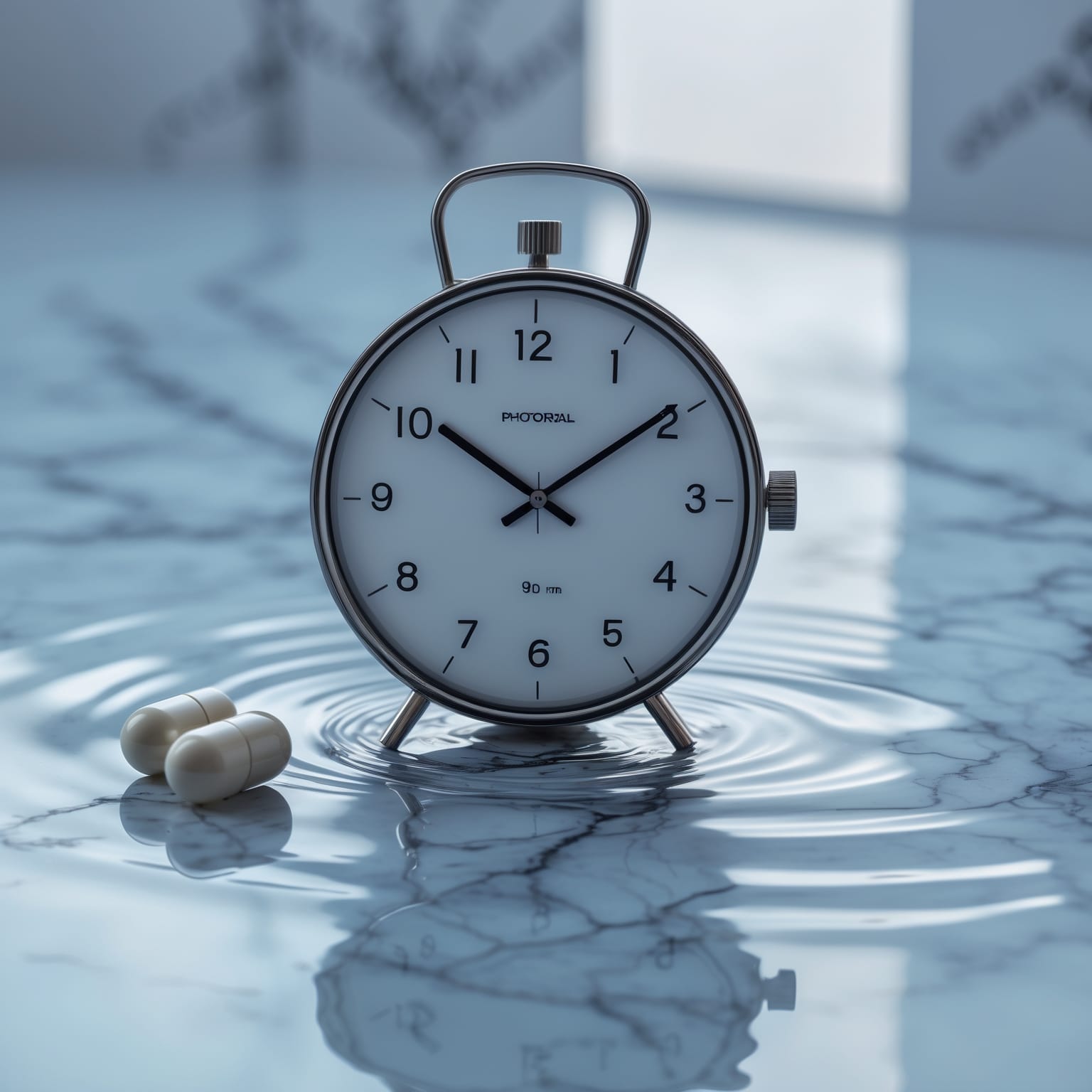 Low-dose melatonin supplements with clock showing optimal timing for menopause sleep cycle regulation