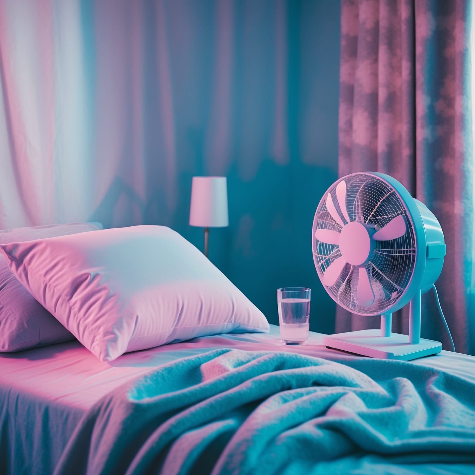 Cooling bedroom setup with breathable bedding and a supportive pillow for night sweats