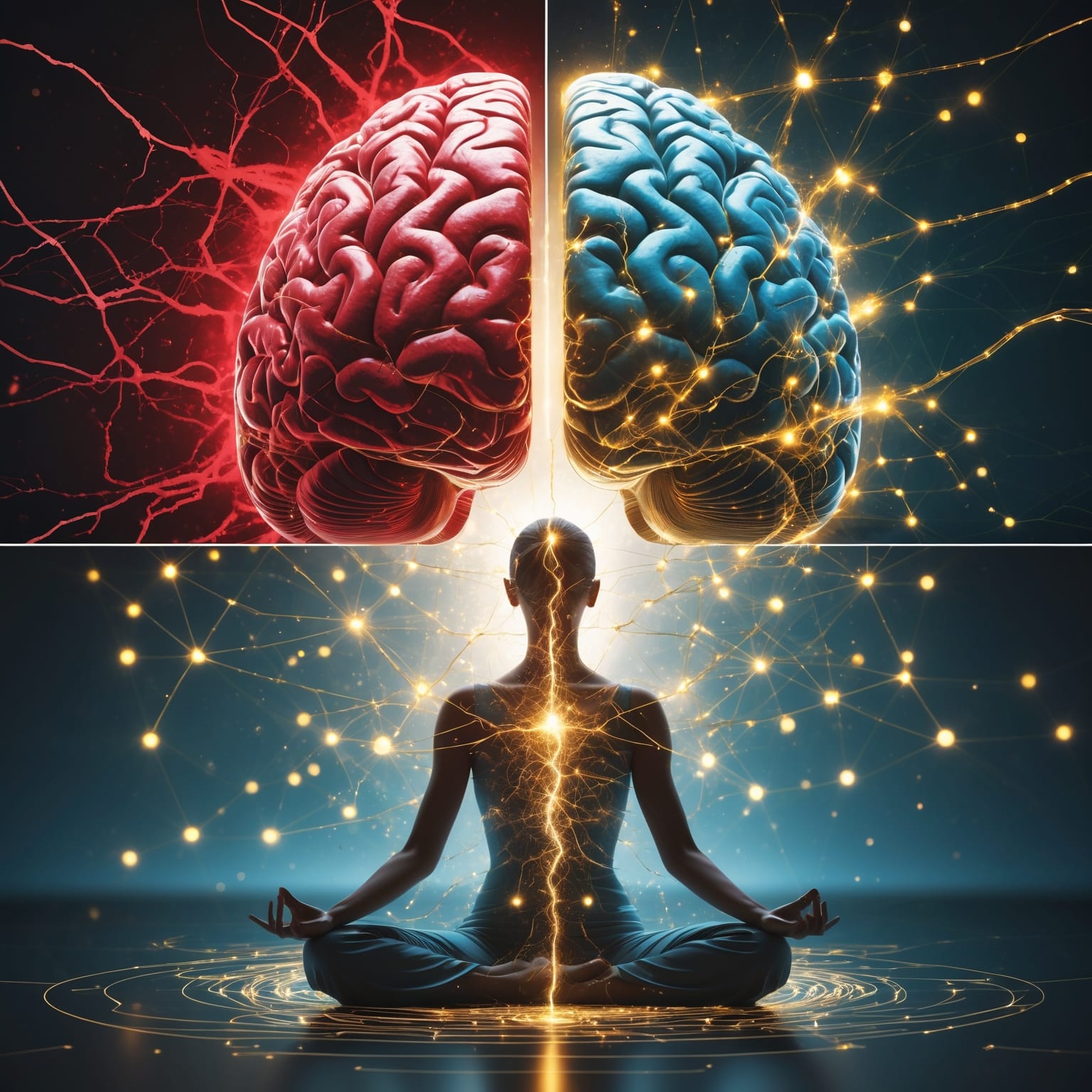 Brain transformation showing mother wounds neurobiological healing from chaotic inflammation patterns to organized calm networks through neuroplasticity
