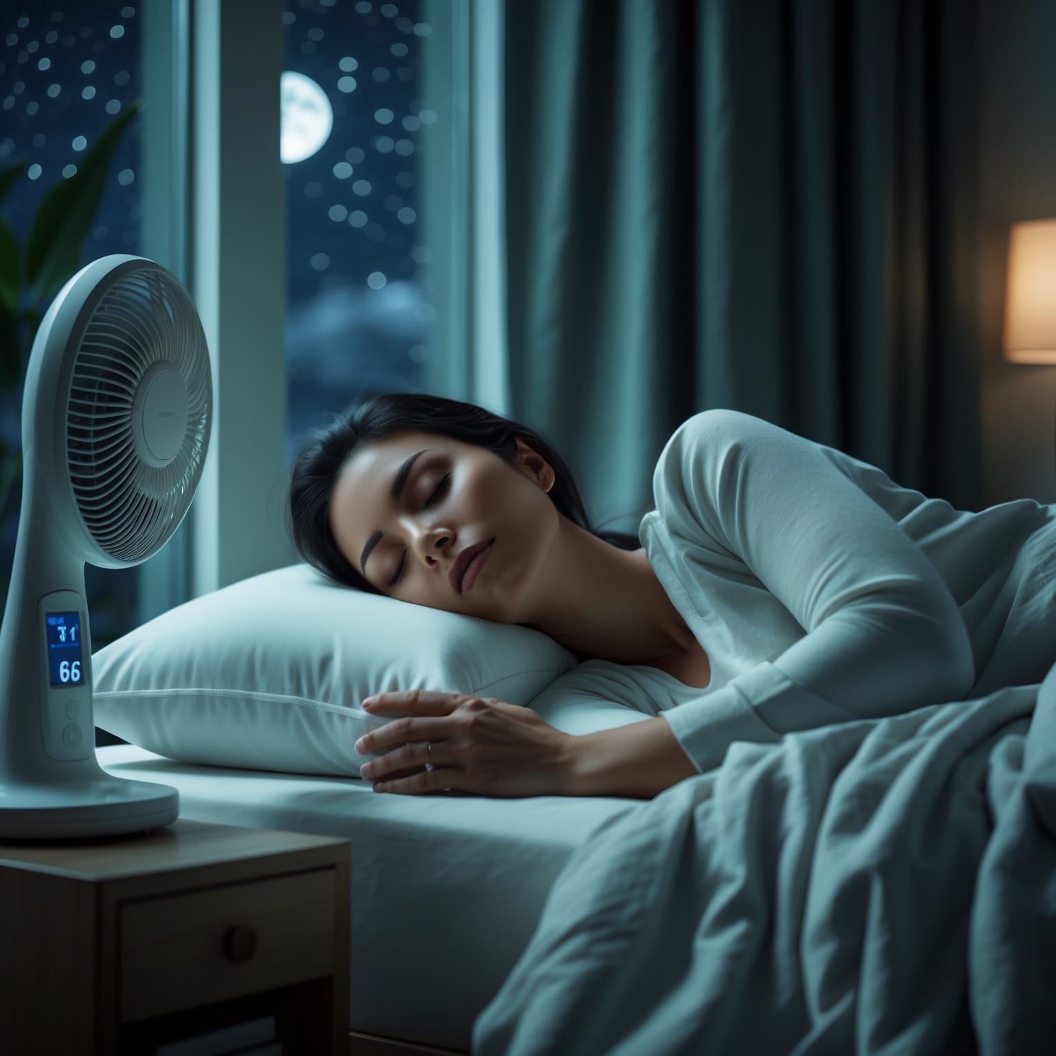 Peaceful bedroom at 66°F with bamboo sheets, cooling pillow, and bedside fan.