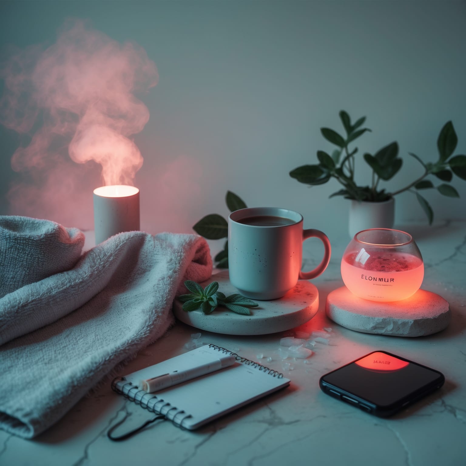 Bedside emergency night sweats kit with insulated bottle, cooling towel, and spare sleepwear.