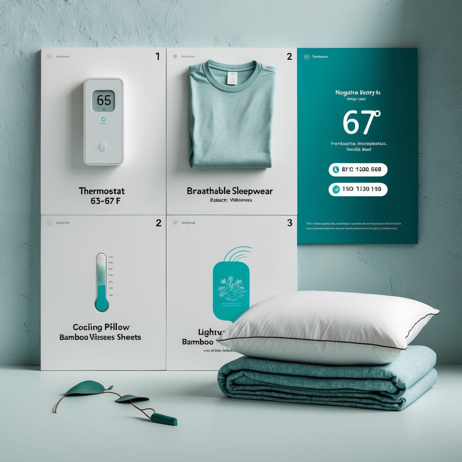 Three-panel visual: cool thermostat, breathable sleepwear, cooling pillow and sheets.