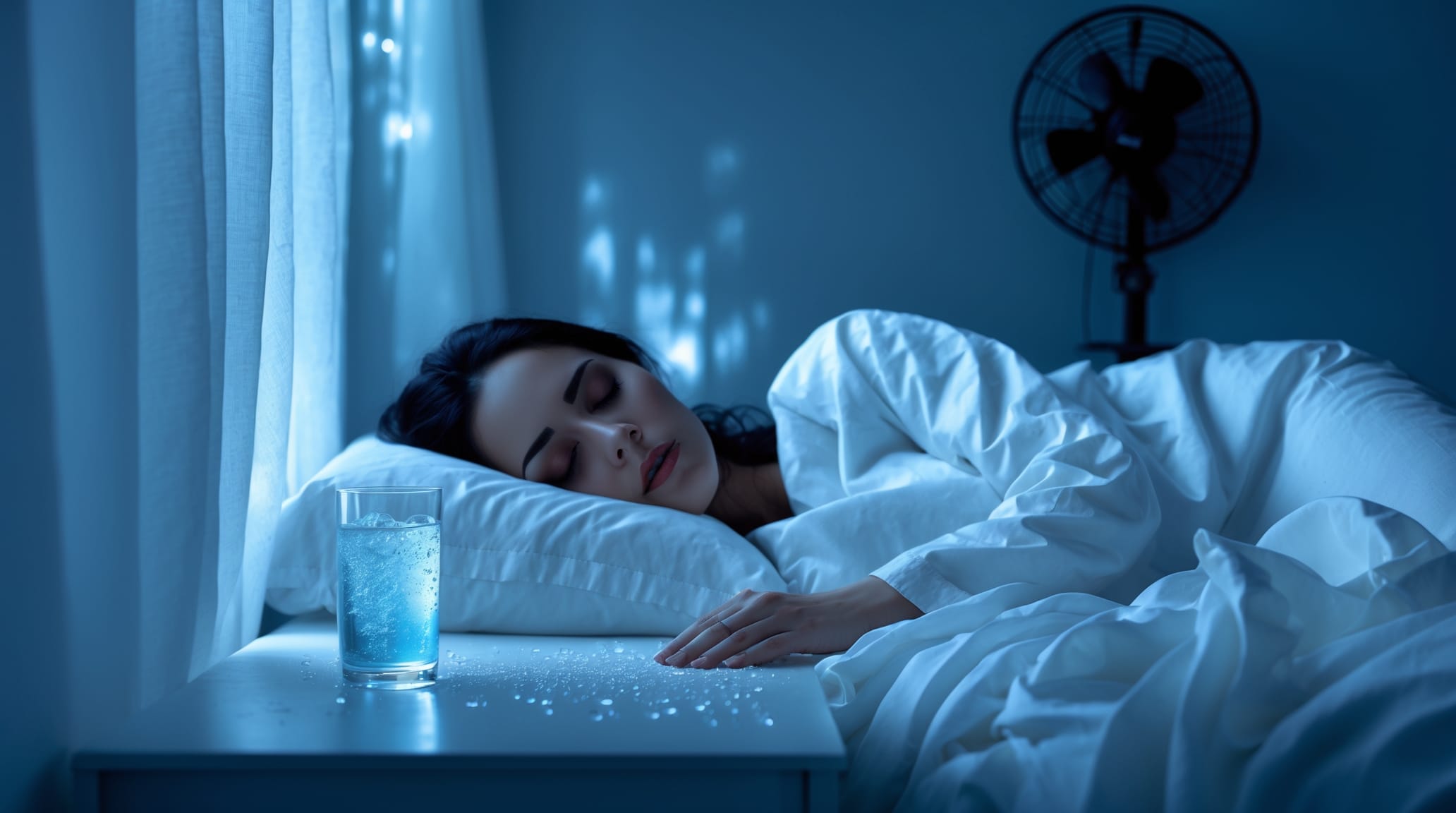 Woman peacefully sleeping with natural sleep supplements on bedside table, cooling bedroom setup for menopause hot flash relief