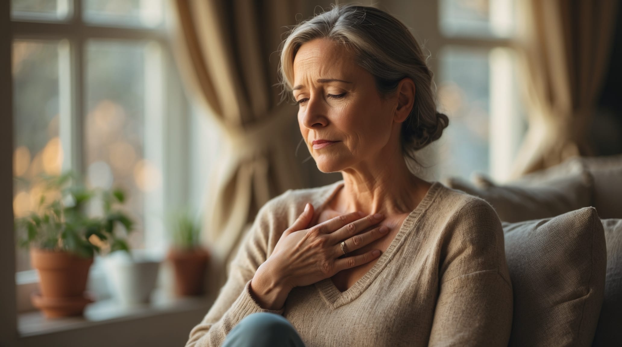 Woman experiencing anxiety with chest tightness—illustrating mind–body links between stress and physical sensations