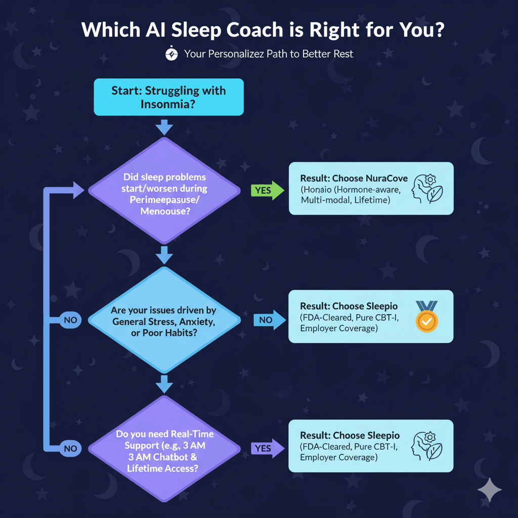 AI Sleep Coach Decision Flowchart - How to choose between NuraCove and Sleepio for your sleep issues